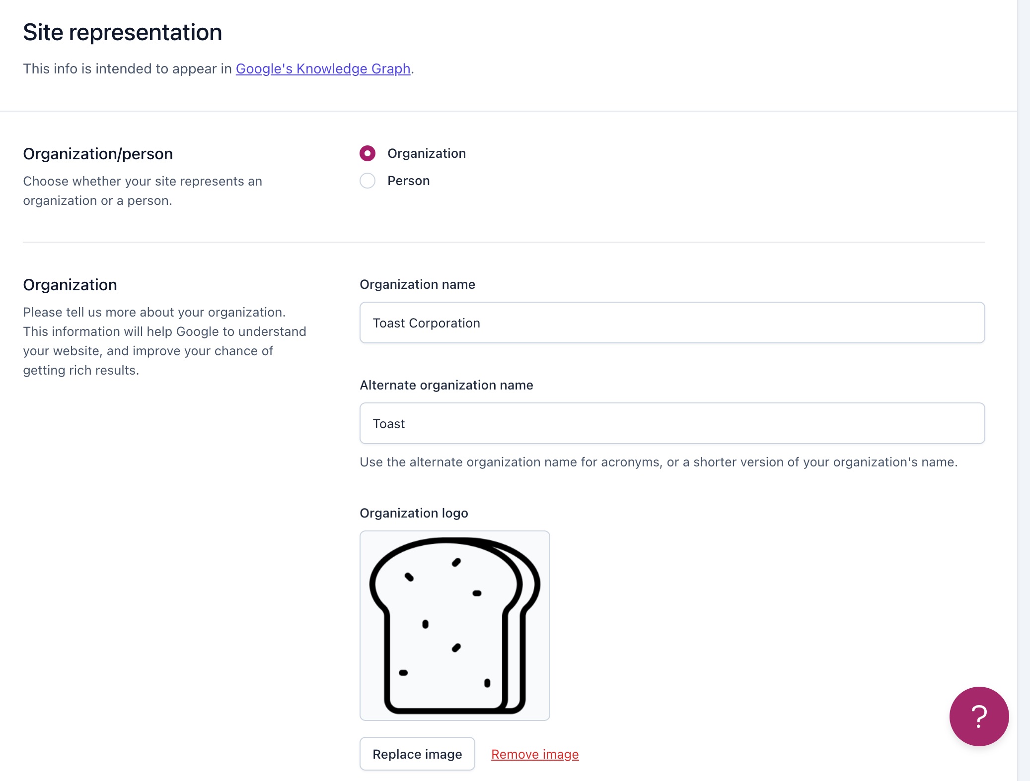 Screenshot of the 'Site representation' settings in Yoast SEO.