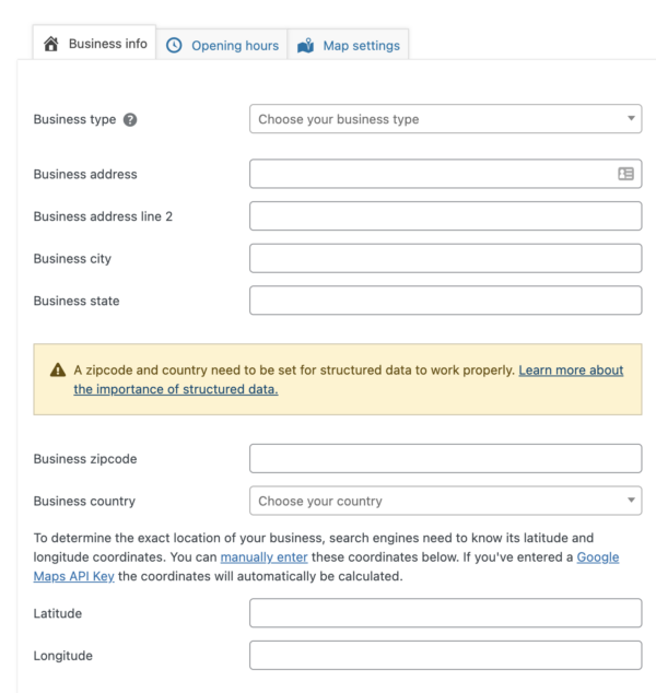 The Business info tab in the Local SEO for WordPress plugin