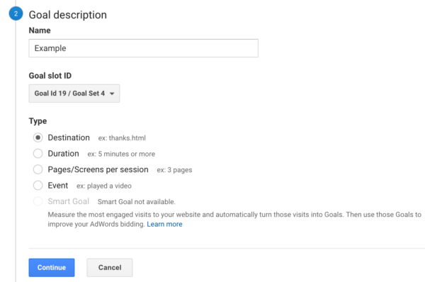 Step 2 of making goals in Google Analytics