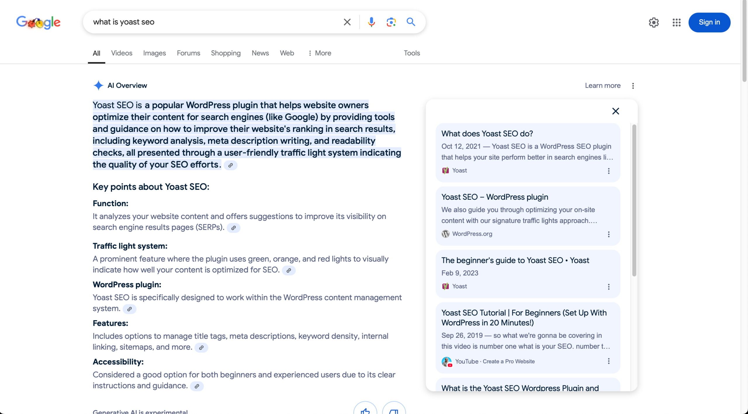 google ai overviews are a new type of feature, here showing results for yoast seo