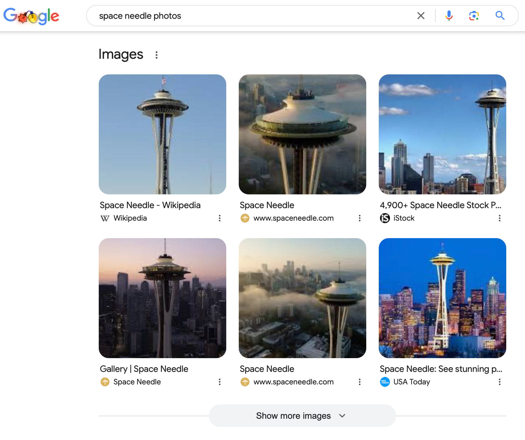 an example of a google search results page showing an image pack for the search space needle photos