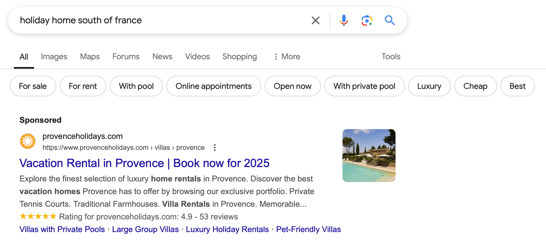 an example of a sponsored ad on google for the term holiday home south of france