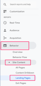Landing pages report in Google Analytics