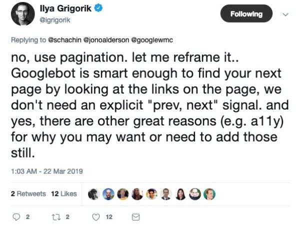 Tweet by Ilya Grigorik on pagination