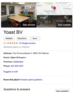 A Google knowledge panel showing business information about Yoast