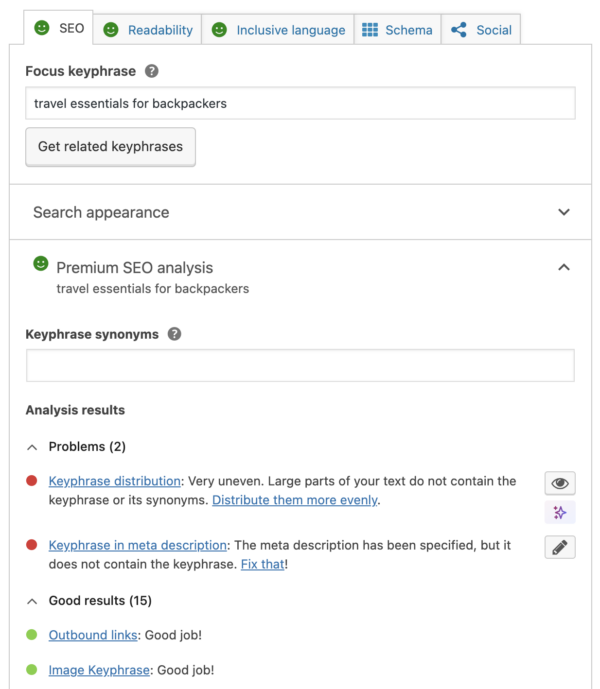 Screenshot of SEO analysis in the Yoast SEO metabox