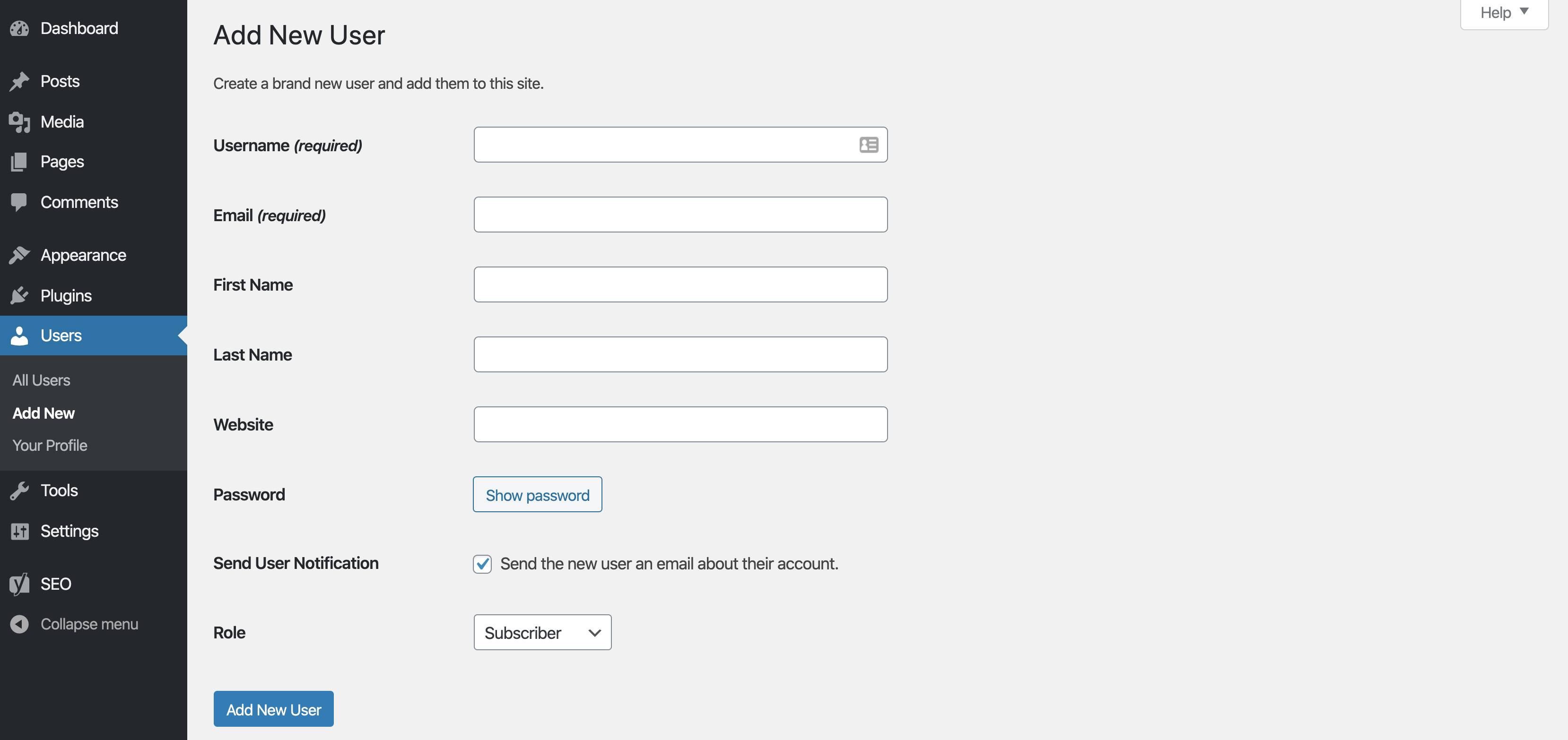 The Add New User screen in WordPress