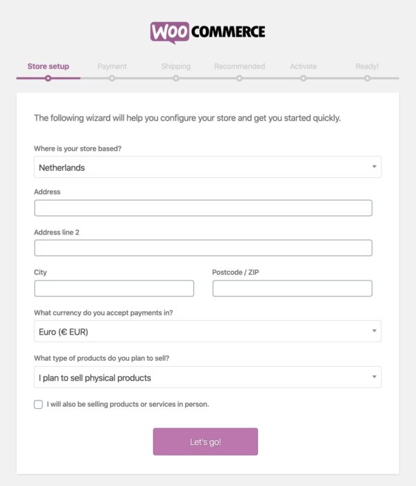 WooCommerce setup wizard