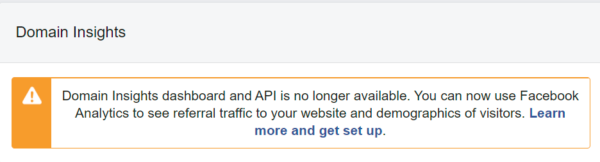 A screenshot of part of Facebook's 'Insights' dashboard, showing that the Domain Insights tool is no longer available.