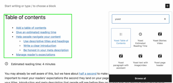 manage readers expectations with the Yoast table of contents block