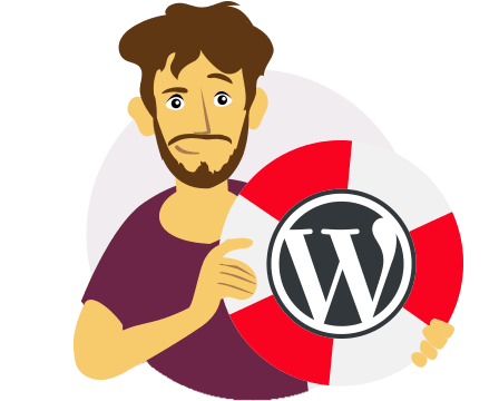 Illustration of a Yoast assistant holding a WordPress logo.