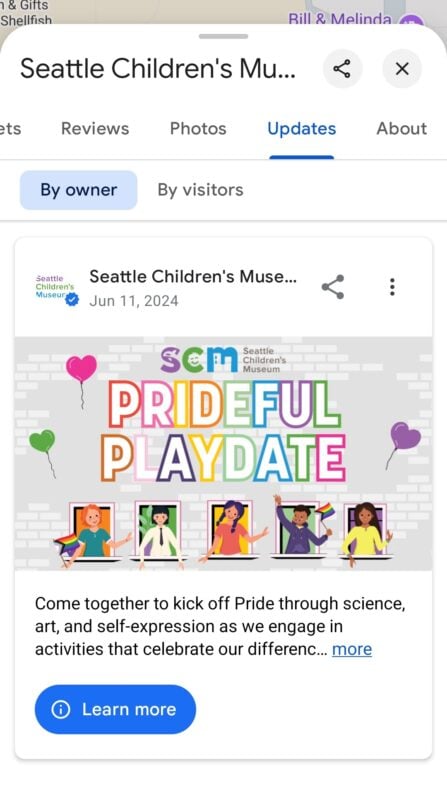 A screenshot of the Seattle Children's Museum post on their Business Profile about their prideful playdate event in July.