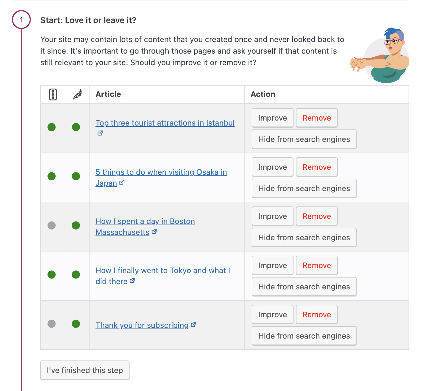 screenshot showing step one of the orphaned content workout in yoast seo