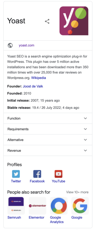 A screenshot of the Google knowledge pannel for Yoast 