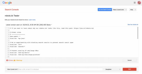 a test result of a robots.txt file in the Google testing tool