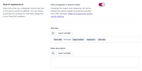 Screenshot of the "Search appearance" section of the Categories settings in Yoast SEO. 