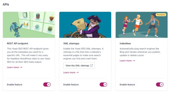 Screenshot of the "APIs" section in the Yoast SEO Site features settings. 