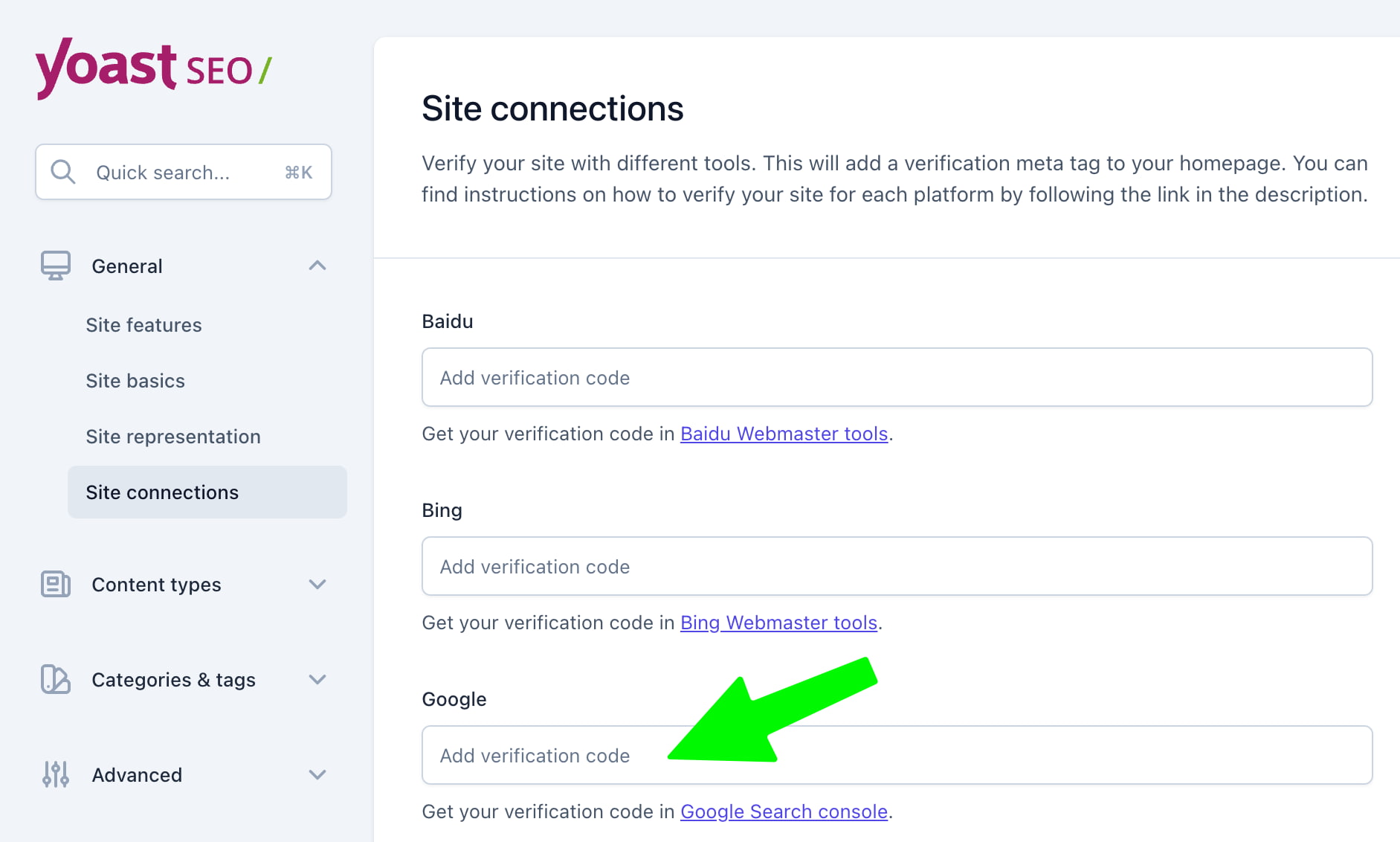 in yoast seo general settings you'll find the site connections option to add the google search console verification code