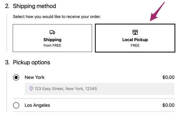 Screenshot of the Local pickup option in the Shipping method block