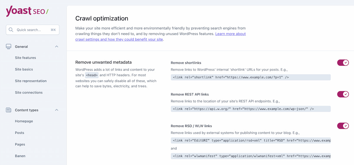 screenshot of crawl optimization settings in Yoast SEO