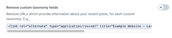 screenshot of the "Remove custom taxonomy feeds" toggle in the crawl optimization settings in Yoast SEO