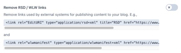 screenshot of the "Remove RSD/WLW links" toggle in the crawl optimization settings in Yoast SEO