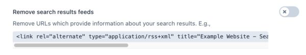 screenshot of the "Remove search results feeds" toggle in the crawl optimization settings in Yoast SEO