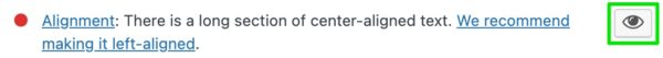 screenshot of the alignment check in Yoast SEO Premium, highlighting the eye button