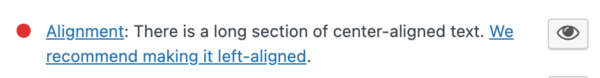 screenshot of the feedback from the text alignment check in Yoast SEO Premium