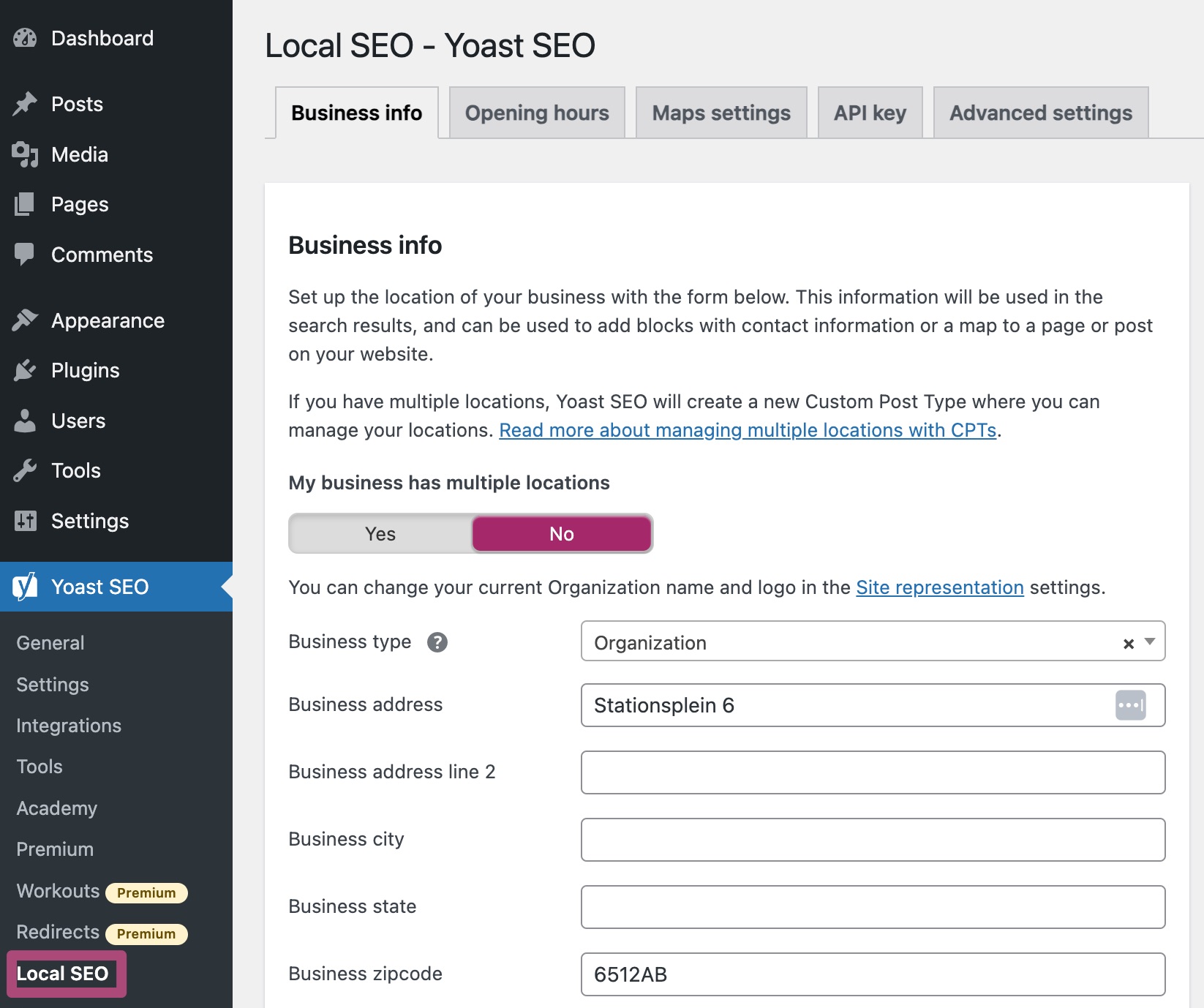 A screenshot of the Yoast Local SEO menu, with a purple box around the Local SEO menu