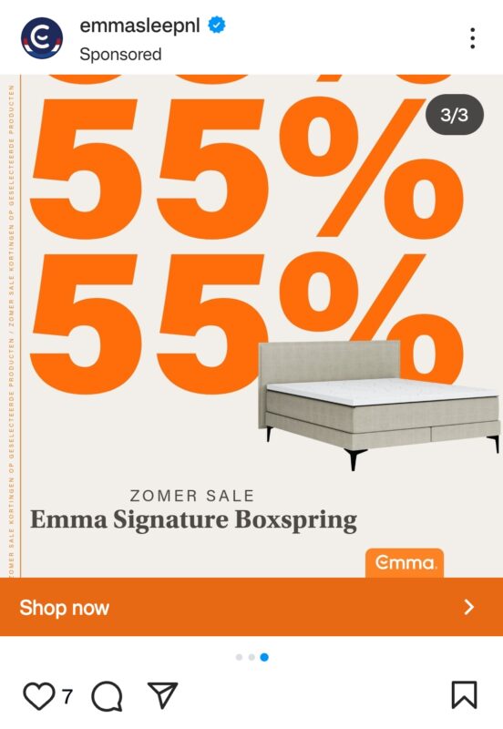 An example of a sponsored post on Instagram from the company Emma. It announces the summer sale and shows a bed. 