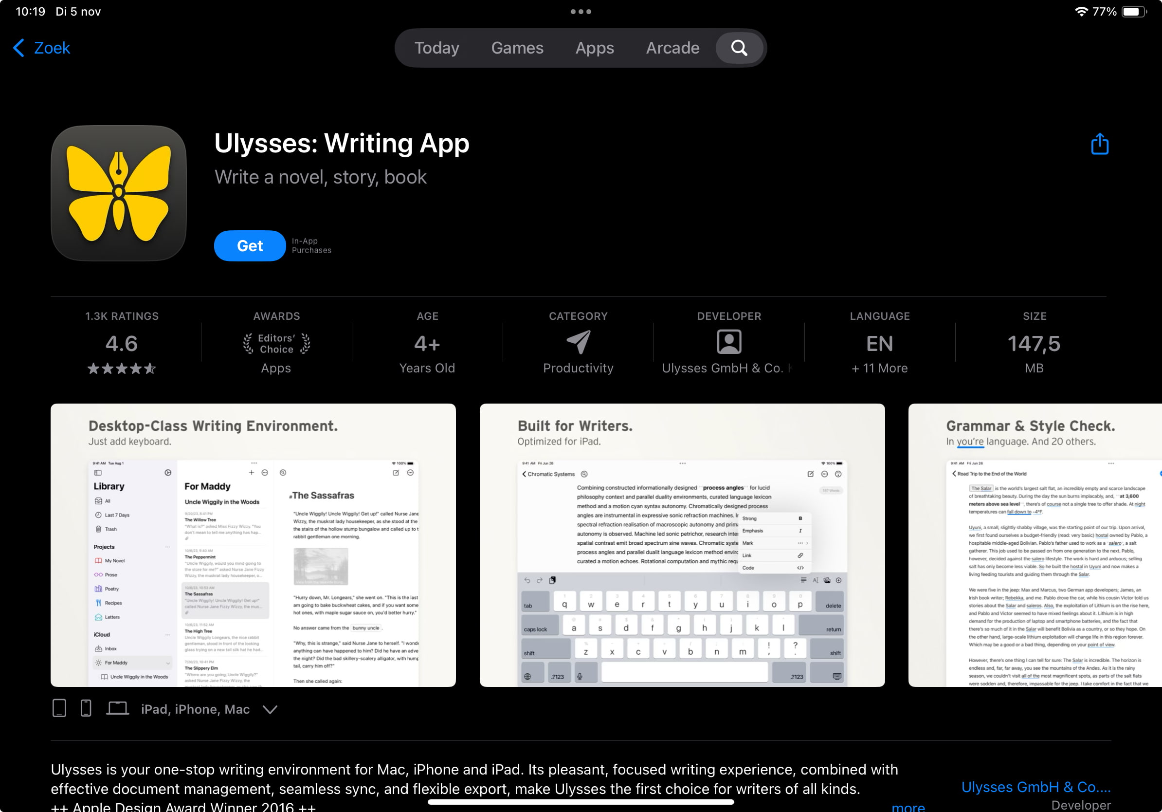 app store listing for ulysses showing the title and subtitle 