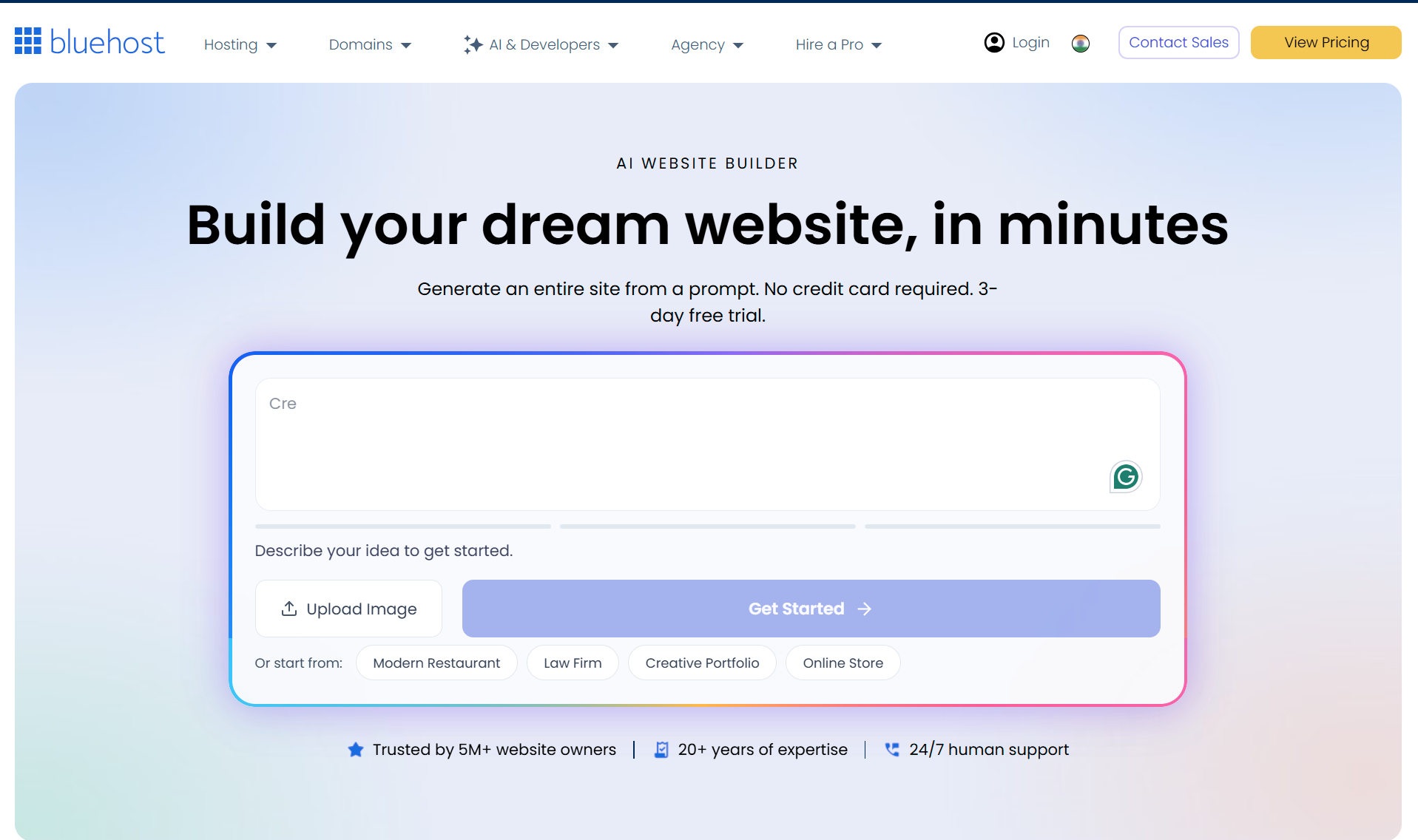step 1 free trial of bluehost AI website builder